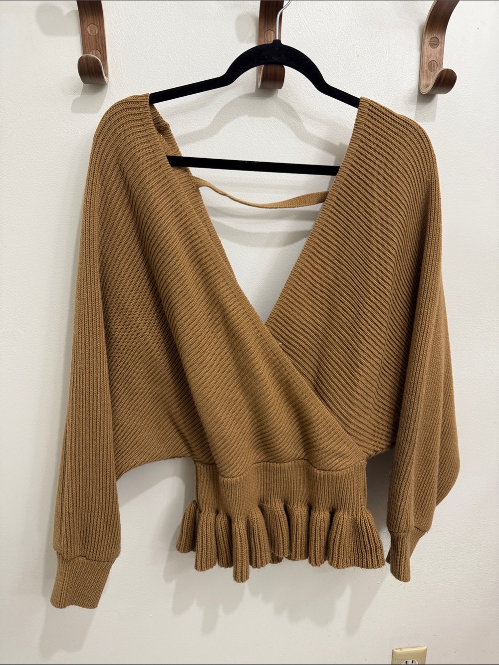 Peach Love California V-Neck Wrap Sweater in Camel